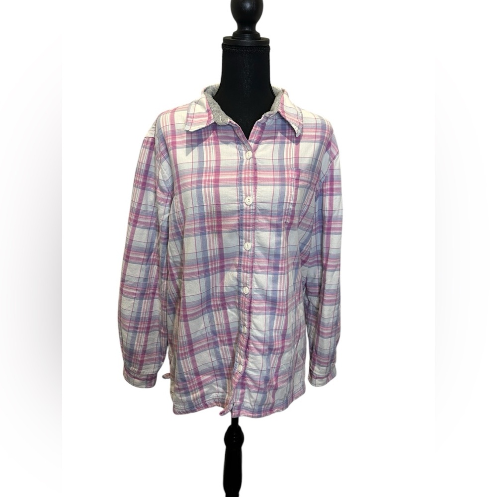 L. L. Bean women's pink/purple plaid XL button down fleece lined shacket